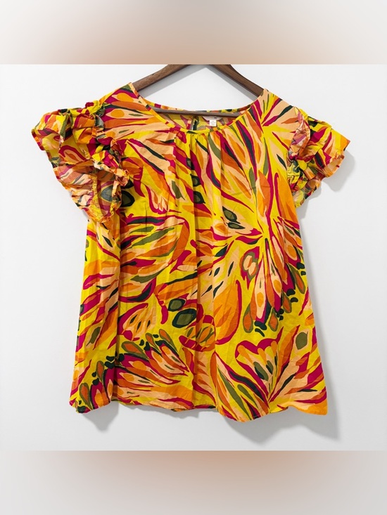 Terra & Sky Tops - Terra & Sky Tropical Floral Flutter Ruffle‎ Cap Sleeve Blouse Womens Size 1X Art